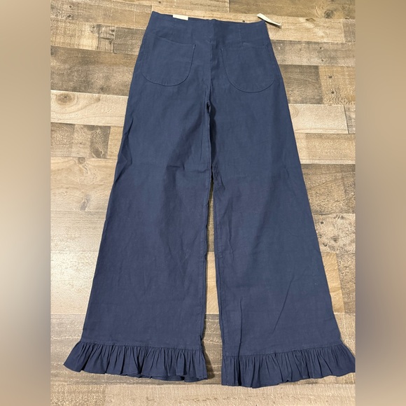 Maeve Anthropologie Navy Wide Leg Ruffle Hem Pants Size 27 NWT - Picture 2 of 13